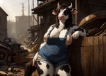 2023 anthro areola arm_support big_breasts black_and_white_fur black_spots blue_eyes blue_overalls bovid bovid_horn bovine bovine_horn breasts brown_hair cattle cleavage clothed clothing detailed_background exposed_breasts female fence fur hair half-length_portrait hi_res holstein_friesian_cattle horn junkyard leaning leaning_on_elbow looking_at_viewer malakim mammal neck_tuft nipples outside overalls partially_clothed pink_areola pink_nipples pink_nose portrait shirtless sky slightly_chubby solo spots spotted_body spotted_fur stable_diffusion standing thick_thighs tuft white_body white_fur wide_hips yiffymix_(model)