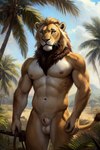 animal_genitalia anthro balls casual_nudity fur genitals male nipples nude plant sheath solo ulfur5605 felid lion mammal pantherine attempted_signature