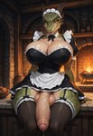anthro big_breasts big_penis bottomwear breasts clothing foreskin genitals gynomorph huge_breasts huge_penis intersex legwear maid_uniform penis scales skirt solo stockings thick_thighs uniform yellow_eyes futornyx skyrim argonian scalie absurd_res hi_res