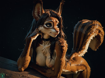 anthro bent_over black_background blue_eyes breasts brown_body brown_fur brown_hair choker female fur hair jewelry necklace nipples nude simple_background smile solo tuft white_body lunaryth mammal rodent sciurid hi_res