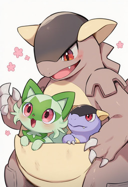 ambiguous_gender anthro blush blush_lines brown_body claws fangs feral fur green_body green_fur group open_mouth pink_eyes pouch_(marsupial) purple_body red_eyes simple_background size_difference teeth tongue trio young_anthro kaigamiaikemono nintendo pokemon felid feline generation_1_pokemon generation_9_pokemon kangaskhan mammal pokemon_(species) scalie sprigatito 2025 hi_res female_(lore)