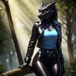 anthro black_body black_scales bottomwear breasts clothing dragon drarexthedragon female hi_res jacket leather leather_clothing leather_jacket leather_topwear lizard non-mammal_breasts outside pants reptile scales scalie shasanth shirt solo topwear wingless_dragon