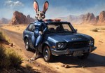 anthro canyon car clothing desert detailed_background disney ears_up female grass hand_on_hip latex_clothing looking_at_viewer outside plant police_car police_uniform pose smile solo tight_clothing uniform vehicle hank94_(director) zootopia judy_hopps lagomorph leporid mammal rabbit hi_res