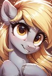 big_eyes blonde_hair cute_expression cute_eyes detailed_eyes female feral fur grey_body grey_fur hair simple_background smile smiling_at_viewer solo wings chacha555 derpy_hooves equid equine horse mammal my_little_pony pegasus pony absurd_res hi_res