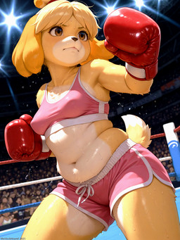 anthro audience belly bodily_fluids bottomwear boxing boxing_gloves bra breasts brown_eyes clothing curvaceous curvy_figure dolphin_shorts fat_rolls female fight fighting_pose fighting_ring fur furniture group handwear inside light lips navel nipple_outline nipples pink_bottomwear pink_clothing pink_shorts pink_topwear pose sagging_breasts shorts slightly_chubby solo sport sports_bra spotlight squish stadium standing sweat sweatdrop sweaty_body tail text thick_thighs tight_bottomwear tight_clothing tight_shorts topwear underwear voluptuous yellow_body yellow_fur sherlock_hound_(director) animal_crossing nintendo isabelle_(animal_crossing) canid canine canis domestic_dog mammal shiba_inu shih_tzu spitz toy_dog detailed hi_res shaded soft_shading
