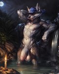 anthro athletic athletic_male balls big_balls big_penis candle candlelight clothing flaccid foreskin genitals grass hat headgear headwear hi_res humanoid_genitalia humanoid_penis legs_in_water light looking_at_viewer male mammal moon moonlight multicolored_body nude outdoors outside partially_submerged penis pink_penis plant procyonid raccoon red_eyes saggy_balls sly_cooper solo styx343 two_tone_body vein veiny_penis water waterfall wet white_penis