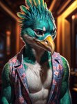 anthro beak blurred_background clothing countershade_torso countershading feathers floral glistening glistening_eyes green_body green_feathers grey_eyes male photorealistic solo topwear vest yellow_beak uverage_(director) uverage_(character) avian bird absurd_res hi_res