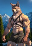 abs absurd_res anthro bottomwear bumblebee95 canid canine canis clothing detailed detailed_background detailed_fur harness hi_res looking_at_viewer male mammal muscular pecs realistic shorts solo wolf