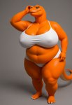 5_fingers 5_toes anthro belly big_belly big_breasts bra breasts clothed clothing deep_navel feet female fingers green_eyes grey_background navel nipple_outline obese obese_anthro obese_female orange_body overweight overweight_anthro overweight_female panties simple_background solo standing toes underwear cow_of_fire lizard reptile scalie tail hi_res shaded