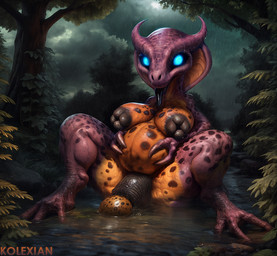 2_fingers 3_toes anthro bald belly big_breasts black_nipples black_tongue blue_eyes bodily_fluids breasts butt cellulite claws cloudy detailed_background digitigrade feet female fingers genital_fluids genitals glowing glowing_eyes horn huge_breasts nipples nude orange_body orange_skin outside pink_body pink_skin plant pregnant pregnant_anthro pregnant_female pussy raining river self_upload sky solo solo_focus spots spread_legs spreading teratophilia thick_thighs toes tongue tongue_out tree unusual_anatomy unusual_genitalia unusual_nipples water wet wet_body kolexian fan_character alien alien_humanoid humanoid hybrid reptile scalie unknown_species 2025 detailed director_name full-length_portrait portrait signature story story_in_description watermark