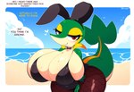 <3 anthro beach big_breasts bikini breasts bunny_costume cleavage clothed clothing costume eyelashes fake_ears fake_rabbit_ears female fishnet fishnet_legwear huge_breasts hyper hyper_breasts legwear looking_at_viewer nintendo non-mammal_breasts outside pokemon red_eyes sand sea seaside smile solo swimwear text thick_thighs water hellsonger generation_5_pokemon pokemon_(species) reptile scalie snivy