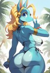 anthro big_breasts big_butt bikini blonde_hair blue_eyes breasts butt clothing female gesture hair side-tie_bikini smile solo swimwear thick_thighs tropical v_sign wide_hips nokk ippan_josei canid canine fox mammal hi_res