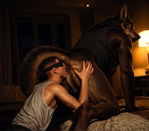 5_fingers all_fours anthro anus balls bed bedroom blindfold bottomless bottomless_anthro brown_body brown_fur butt butt_sniffing clothed clothing dark_balls dark_body dark_fur detailed_background digitigrade duo face_in_ass fingers fur furniture genitals hand_on_butt human_on_anthro inside interspecies kneeling male male/male muscular muscular_anthro muscular_male night on_bed partially_clothed perineum photorealism realistic realistic_fur realistic_lighting rear_view shirt smile sniffing tail tank_top topwear delken canid canine canis human mammal wolf hi_res