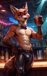 abs anthro bar belt beverage bottle bottomwear bulge clothing half-closed_eyes latex latex_pants looking_at_viewer lounging male muscular muscular_male narrowed_eyes nightclub nipples pants smile smug solo straw zootopia speedykiwi nick_wilde canid canine fox mammal absurd_res hi_res