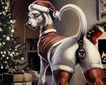 absurd_res anatomically_correct anatomically_correct_genitalia animal_genitalia animal_pussy anus bodily_fluids bookshelf butt canid canine canine_genitalia canine_pussy canis christmas_clothing christmas_headwear christmas_tree clothed clothed_feral clothing detailed detailed_background detailed_fur director_firewolf domestic_dog female feral fire fireplace furniture furryrock_(model) genital_fluids genitals gift great_dane hat headgear headwear hi_res legwear light looking_at_viewer looking_back looking_back_at_viewer mammal mastiff molosser plant presenting presenting_hindquarters pussy pussy_juice raised_tail realistic realistic_fur santa_hat seductive solo stockings tree