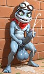 anthro big_penis bodily_fluids cum cumshot ejaculation feral genital_fluids genitals green_eyes jamba male masturbation penis scarf solo crazy_frog amphibian frog hi_res