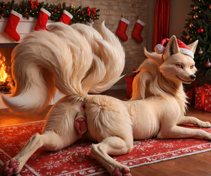 animal_genitalia animal_pussy anus butt canine_genitalia canine_pussy christmas_clothing christmas_headwear christmas_theme christmas_tree clothing female feral fireplace fur genitals hat headgear headwear looking_at_viewer pawpads plant pussy rug santa_hat solo tan_body tan_fur tree crimson_fenrir_(director) nintendo pokemon generation_1_pokemon ninetales pokemon_(species) hi_res