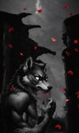 anthro blood bodily_fluids flower_petals male no_pupils petals rose_petals scary solo mercrantos canid canine canis mammal wolf absurd_res greyscale hi_res monochrome