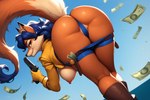 anthro bent_over big_butt blue_hair bottomwear breasts butt camel_toe canid canine carmelita_fox clothed clothing coat ear_piercing ear_ring erect_nipples female fox fur gloves gun hair handwear hanging_breasts hi_res hotpants humanoid kingfurryai looking_at_viewer looking_back mammal money multicolored_body nipples orange_body orange_fur piercing presenting presenting_hindquarters pulling_pants_down raised_tail ranged_weapon rear_view ring_piercing shorts smile smiling_at_viewer smug solo topless topless_female topwear tuft two_tone_body weapon wide_hips yellow_clothing