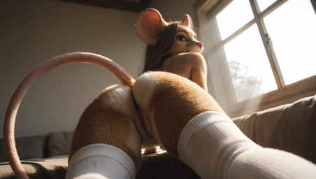 anthro big_ears brown_hair butt clothed clothing female fur genitals hair legwear light long_hair looking_back photorealism presenting presenting_hindquarters pussy realistic rear_view solo sunlight teasing thigh_highs topless whiskers window impressively_averag3 mammal mouse murid murine rodent hi_res