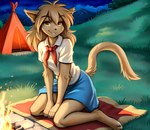 absurd_res anthro barefoot basitin bottomwear brown_body brown_fur campfire clothed clothing devass digitigrade feet felid feline female fire fur grass hair hi_res kneeling looking_at_viewer madelyn_adelaide mammal night outdoors outside plant school_uniform skirt sky smile solo star tent tuft twokinds uniform yellow_eyes