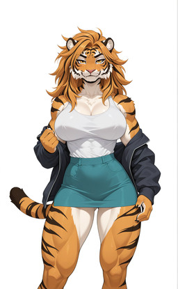 anthro bottomwear clothed clothing female hair jacket looking_at_viewer muscular muscular_female orange_eyes orange_hair simple_background skirt sleeveless solo topwear stripedwatermelon felid mammal pantherine tiger hi_res