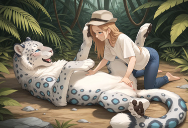 anus bestiality blonde_hair blue_eyes blue_sclera blush bodily_fluids bottomwear clothing denim denim_clothing duo eye_contact feet feet_up female female/female female_on_feral feral fingering fluffy fur genitals grey_body grey_fur hair hand_on_head hat headgear headwear human_on_feral human_penetrating humanoid_genitalia humanoid_pussy interspecies jeans jungle larger_feral looking_at_another looking_pleasured lying neck_tuft on_back on_knees outside pants pawpads paws penetration pussy quadruped saliva shirt size_difference spots spotted_body spotted_fur topwear tuft vaginal vaginal_fingering vaginal_penetration white_body white_clothing white_fur white_shirt white_topwear powerhead_(director) felid human mammal pantherine snow_leopard hi_res