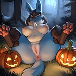 anotherarcticfox anthro anus big_breasts breasts canid chest_spike chest_tuft chubby_anthro chubby_female female food fruit generation_4_pokemon genitals halloween hi_res holding_both_legs jack-o'-lantern lucario lying mammal navel on_back pawpads paws plant pokemon_(species) pumpkin pussy slightly_chubby solo spikes spikes_(anatomy) tuft