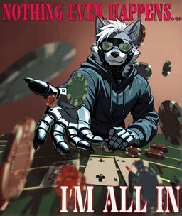 5_fingers anthro card casino cheek_tuft clothing cybernetic_arm cybernetic_limb cybernetics dice eyewear facial_tuft fingers furniture gambling glasses hair hoodie inner_ear_fluff machine male mechanical_wings poker simple_background solo table text throwing_object topwear tuft white_hair loren_iipsum meme_2026 canid canine canis cyborg mammal wolf meme