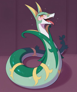 blush looking_at_viewer multicolored_body shy side_view simple_background tongue tongue_out lucasauditore nintendo pokemon generation_5_pokemon pokemon_(species) serperior full-length_portrait hi_res portrait