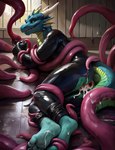 absurd_res ambiguous_gender anus blue_body blue_scales bodily_fluids clawsome cum cum_from_ass cum_in_ass cum_inside cum_on_feet dragon gaping gaping_anus genital_fluids hi_res latex looking_at_viewer lying on_side pink_tentacles scales scalie solo tentacles