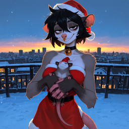 ambiguous_gender anthro bell biped breasts building christmas_clothing christmas_headwear city city_background clothing costume duo ear_piercing eyebrow_piercing facial_piercing female fence feral hat headgear headwear houses nose_piercing nose_ring piercing quadruped ring_piercing santa_costume santa_hat santa_suit snow snow_on_ground sunset anonymous_director invoke_high american_opossum didelphid mammal marsupial virginia_opossum 1:1 hi_res