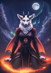 anthro aurora_borealis belt bovid breasts cape caprine clothing cloud female fire fur goat hi_res horn icefoxai kneeling mammal moon night solo white_body white_fur