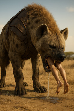 ambiguous_gender bestiality bodily_fluids day drooling duo excessive_saliva feet feral head_first human_on_feral interspecies leather_straps light male oral_vore outside paws saliva saliva_string savanna size_difference sunlight teeth vore delken human hyaenid mammal spotted_hyena hi_res