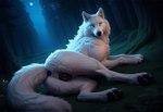 animal_genitalia animal_pussy anus black_anus black_claws black_pawpads black_pussy blue_eyes canine_genitalia canine_pussy claws dutch_angle evergreen_tree female feral fluffy fluffy_tail forest forest_background fur genitals glistening glistening_genitalia grass laying_down light looking_at_viewer looking_back looking_back_at_viewer low-angle_view moon moonlight moss nature nature_background pawpads paws plant pussy rear_view smile solo tree white_body white_fur polar_(director) canid canine canis mammal wolf