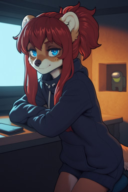 anthro blue_eyes brown_body brown_fur dim_lighting female fur hair inside looking_at_viewer red_hair sitting smile solo kbi among_us humanoid