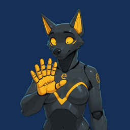 anthro bad_hands black_body confused_expression female fur looking_at_hand machine robotic_body solo yellow_eyes huskeyking canid canine canis mammal robot wolf hi_res meme