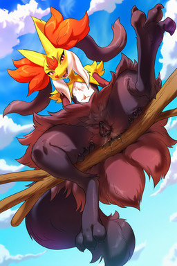 3_fingers 3_toes animal_genitalia animal_pussy anthro black_claws branch canine_genitalia canine_pussy claws cloud digitigrade feet female fingers flying fur genitals inner_ear_fluff looking_at_viewer looking_down low-angle_view multicolored_body multicolored_fur outside presenting presenting_pussy pussy sitting sitting_on_branch sky smile solo spread_legs spread_toes spreading stick toes tuft under_skirt vaginal_fluids shagsterp nintendo pokemon generation_9_pokemon mega_delphox mega_evolution pokemon_(species) hi_res novelai