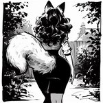 anthro butt canid canine clothed clothing dall-e_3 director_sunshine female fluffy fluffy_tail fox fully_clothed hair mammal monochrome rear_view simple_background solo