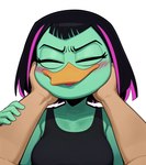 ambiguous_gender anthro bags_under_eyes beak black_clothing black_hair blep blush breasts clothing ducktales ducktales_(2017) duo eyeliner eyes_closed face_grab face_squish female first_person_view furrowed_brow green_body green_skin hair hand_on_face highlights_(coloring) human_pov makeup shirt short_hair simple_background solo_focus squish tank_top tongue tongue_out topwear white_background cloud9999 magica_de_spell anatid anseriform avian bird duck human mammal hi_res