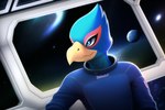 anthro avian beak bird blue_body blue_eyes blue_feathers falco_lombardi falcon falconid feathers male planet red_body red_feathers sergalbutt solo space spacesuit star_fox yellow_beak