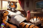 anthro athletic clothing erection fur genitals humanoid_genitalia humanoid_penis male muscular orange_body orange_fur penis pubes reclining shirt solo solo_focus stripes tank_top topwear rxmurloc felid mammal pantherine tiger hi_res watermark