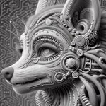 anthro close-up cybernetics eyelashes female fur half-closed_eyes machine narrowed_eyes nose pipe simple_background solo teeth whiskers anonymous_director canid canine cyborg fox mammal greyscale monochrome