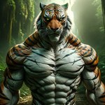 abs amber_eyes anthro blazegate felid fur furrowed_brow jungle looking_at_viewer male mammal multicolored_body multicolored_fur muscular muscular_anthro muscular_male nude pantherine pecs pyroz solo solo_focus striped_body striped_fur stripes tiger two_tone_body two_tone_fur