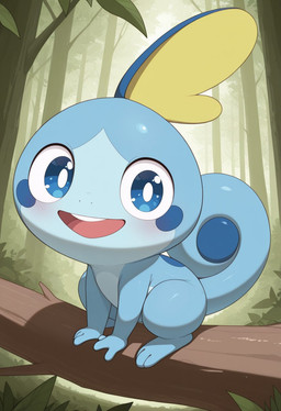 ambiguous_gender blue_body blue_eyes blush feral forest forest_background looking_at_viewer nature nature_background open_mouth plant smile smiling_at_viewer solo tree anguirus12345 nintendo pokemon generation_8_pokemon pokemon_(species) sobble hi_res