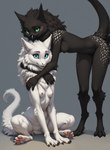 3_toes 4_toes anthro beak bent_over black_body black_claws black_fur blue_sclera breasts claws digitigrade duo embrace eyelashes featureless_crotch feet female fluffy fur green_sclera hug hugging hugging_from_hehind inner_ear_fluff leaning leaning_forward long_tail looking_at_viewer neck_tuft nipples pawpads pink_nipples raised_tail simple_background sitting slim small_breasts smile spots spotted_body spotted_fur surprised_expression toes tuft white_body white_fur oldhroft luna_(scalesai) shadow_(oldhroft) avian dragon furred_dragon velari hi_res