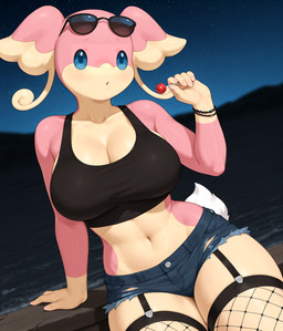 anthro big_breasts black_clothing blue_clothing blue_eyes bottomwear breasts candy cleavage clothed clothing dessert eyewear female female_anthro fishnet fishnet_clothing fishnet_legwear food legwear lollipop navel night pink_body safe_(disambiguation) shorts solo sunglasses topwear lewdtf nintendo pokemon audino generation_5_pokemon pokemon_(species) invalid_tag 2025 4k digital_drawing_(artwork) digital_media_(artwork) hi_res stable_diffusion