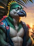 absurd_res anthro avian beak bird black_beak blurred_background clothing countershade_torso countershading feathers floral glistening glistening_eyes green_body green_feathers grey_eyes hi_res male photorealistic solo sunset topwear tropical uverage_(director) vest