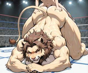 abs all_fours anal anal_penetration annoyed anthro anthro_penetrated ass_up audience being_watched biceps big_breasts big_butt big_muscles biped blush bodily_fluids breasts brown_hair butt butt_grab claws crowd doggystyle dominant dominant_male duo duo_focus exhibitionism faceless_character faceless_male female female_penetrated fighting_ring from_behind_position fur genitals glistening group hair hand_on_butt human_on_anthro human_penetrating human_penetrating_anthro humiliation interspecies larger_anthro larger_female larger_penetrated looking_at_another male male/female male_on_anthro male_penetrating male_penetrating_female mane motion_lines muscular muscular_anthro muscular_female muscular_sub nude open_mouth pecs penetration penile penile_penetration penis_in_ass power_bottom public public_nudity public_sex raised_tail rear_admiral_position sex size_difference small_dom_big_sub smaller_human smaller_male solo_focus stage submissive submissive_female sweat sweaty_body tail tail_tuft tan_body tan_fur teeth thick_thighs tuft white_body wrestling lieutenant_chuck felid human lion mammal pantherine hi_res