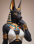 animal_nose anthro black_body black_fur bracelet bracelets breasts cleavage_cutout clothing egyptian_clothing female fur head_on_hand jewelry mythology small_breasts solo zaddha anubian_jackal canid canine canis jackal mammal hi_res